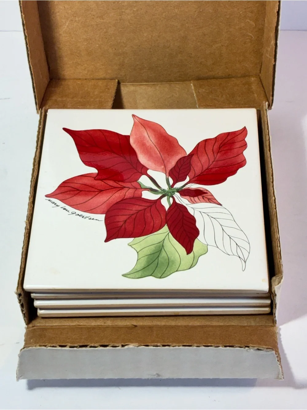 Vintage Mary Lou Goertzen Poinsettia Tile Coasters — Set of 7